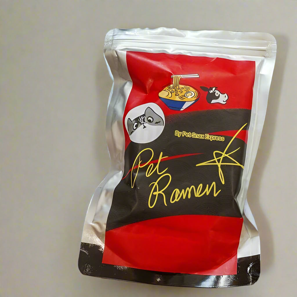 Picture of our Pet Ramen product. A ramen made for our furry pets, dogs and cats. Designed to look like the Shin Ramen that humans like eating!